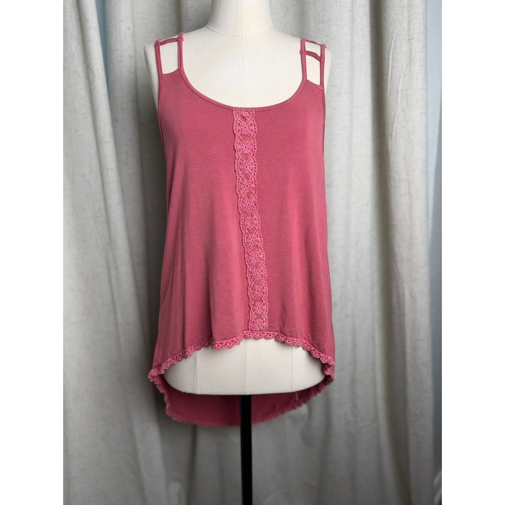 POL Dusty Rose Lace Trim Strappy Back Hi-Low Tank Top Size Small